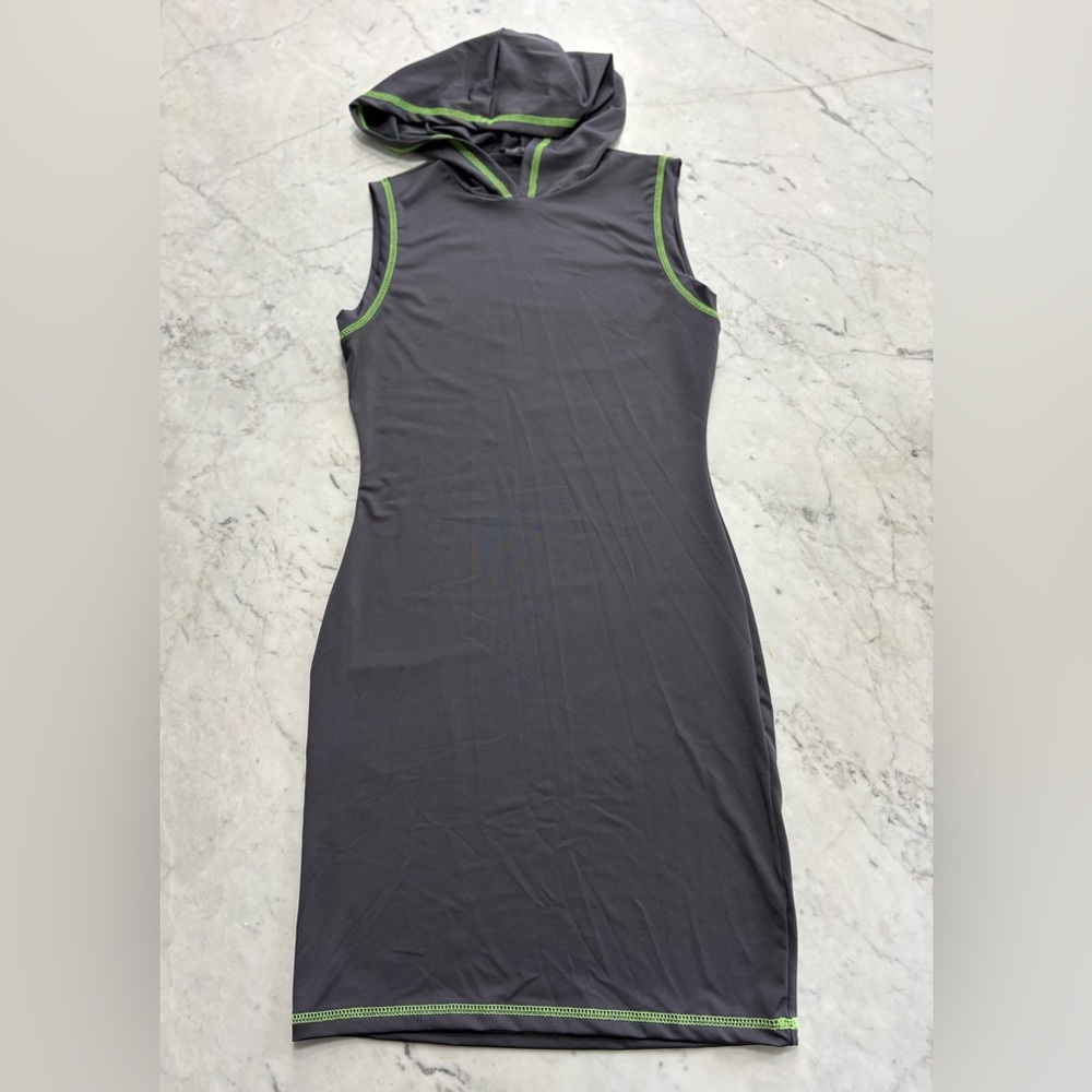 Fashion Nova Charcoal Sleeveless Hooded Mini Dress with Lime Trim